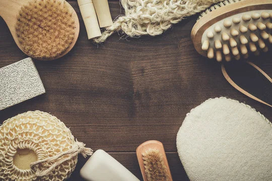 shower tools on a wooden table