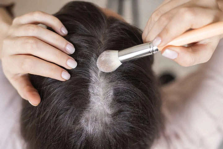 person putting on powdered dry shampoo