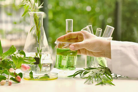 science beakers with plants in them close up