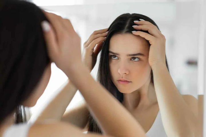 lady looking at her scalp in the mirror